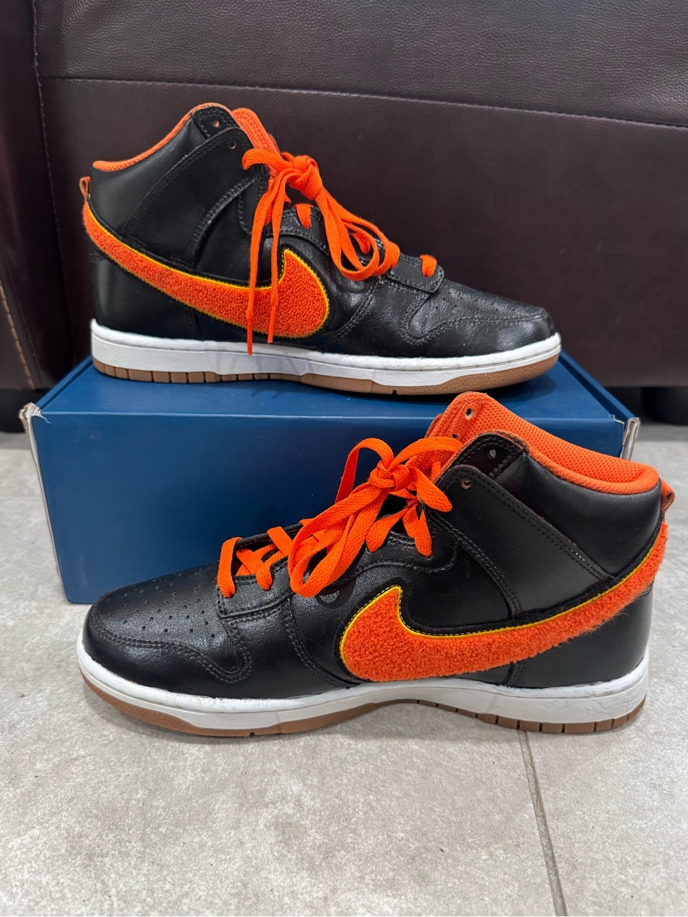 Size 10- Nike Dunk High Chenille Swoosh Black Safety Orange Customized